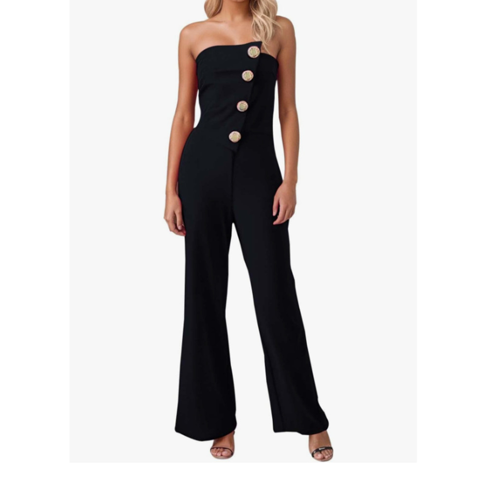 Women’s Off Shoulder Wide Leg Jumpsuit Black Long Pants Zip Polyester NWOT Sz 10